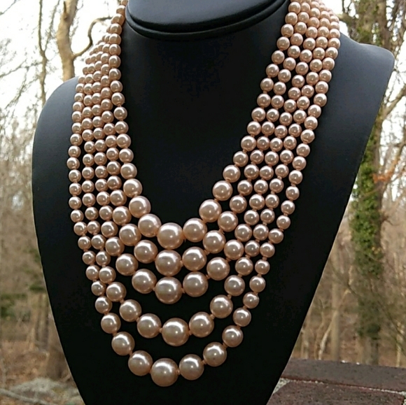VINTAGE KJL 5-Strand Soft Pink Glass Pearl Necklace - Picture 8 of 16